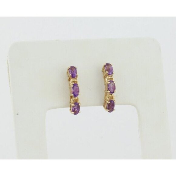 10k Yellow Gold Natural Amethyst Earrings Half Hoop - Picture 1 of 8